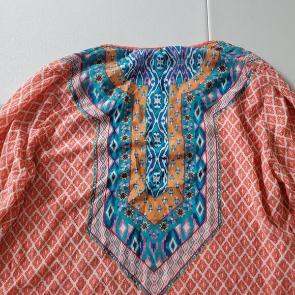 Tolani Shirt Womens Large Orange Multicolor Silk Boho Tunic Ikat Top Blouse - Picture 7 of 8